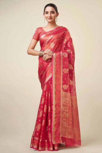 Red Organza Faux Kanjeevaram Woven Saree With Unstitched Blouse Piece