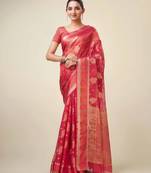 Red Organza Faux Kanjeevaram Woven Saree With Unstitched Blouse Piece