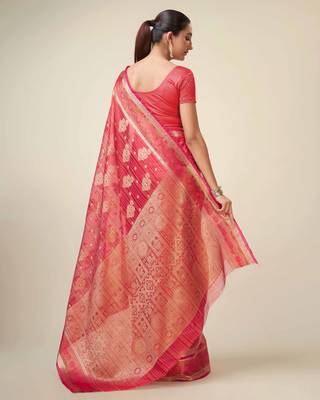 Red Organza Faux Kanjeevaram Woven Saree With Unstitched Blouse Piece 2