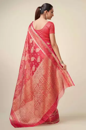 Red Organza Faux Kanjeevaram Woven Saree With Unstitched Blouse Piece