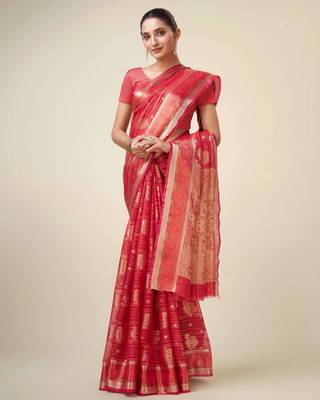 Red Organza Faux Kanjeevaram Woven Saree With Unstitched Blouse Piece 3