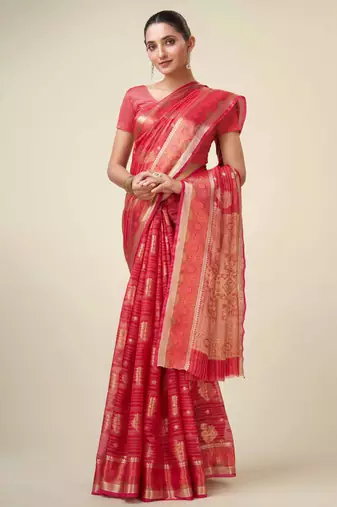 Red Organza Faux Kanjeevaram Woven Saree With Unstitched Blouse Piece