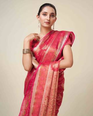 Red Organza Faux Kanjeevaram Woven Saree With Unstitched Blouse Piece 4