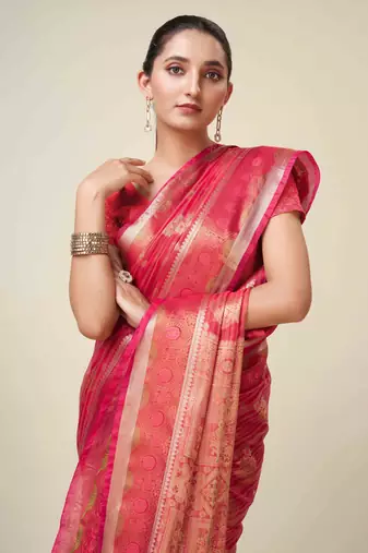 Red Organza Faux Kanjeevaram Woven Saree With Unstitched Blouse Piece