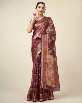Wine Organza Faux Kanjeevaram Woven Saree With Unstitched Blouse Piece 1