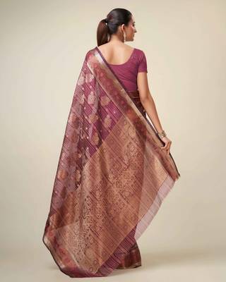 Wine Organza Faux Kanjeevaram Woven Saree With Unstitched Blouse Piece 2