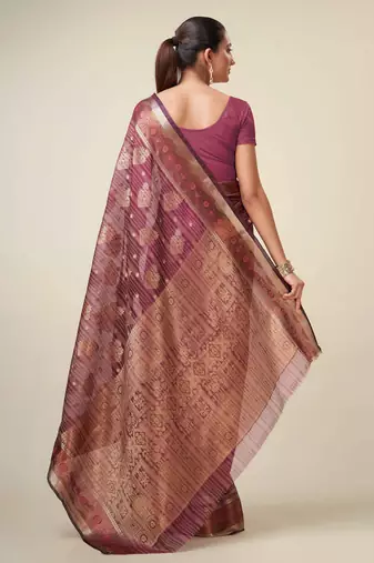 Wine Organza Faux Kanjeevaram Woven Saree With Unstitched Blouse Piece