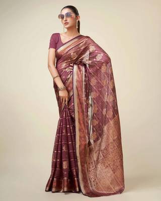 Wine Organza Faux Kanjeevaram Woven Saree With Unstitched Blouse Piece 3