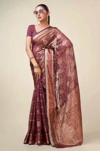 Wine Organza Faux Kanjeevaram Woven Saree With Unstitched Blouse Piece