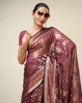 Wine Organza Faux Kanjeevaram Woven Saree With Unstitched Blouse Piece 4