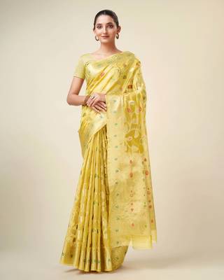 Yellow Organza Faux Kanjeevaram Woven Saree With Unstitched Blouse Piece 1