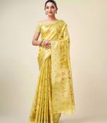 Yellow Organza Faux Kanjeevaram Woven Saree With Unstitched Blouse Piece