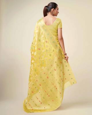 Yellow Organza Faux Kanjeevaram Woven Saree With Unstitched Blouse Piece 2