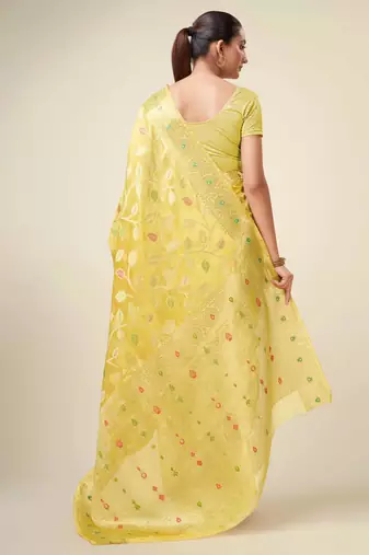 Yellow Organza Faux Kanjeevaram Woven Saree With Unstitched Blouse Piece
