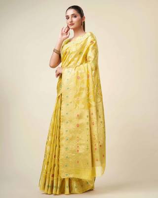 Yellow Organza Faux Kanjeevaram Woven Saree With Unstitched Blouse Piece 3