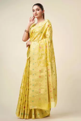Yellow Organza Faux Kanjeevaram Woven Saree With Unstitched Blouse Piece