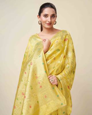 Yellow Organza Faux Kanjeevaram Woven Saree With Unstitched Blouse Piece 4
