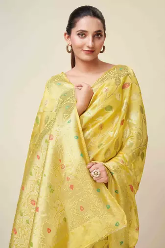 Yellow Organza Faux Kanjeevaram Woven Saree With Unstitched Blouse Piece
