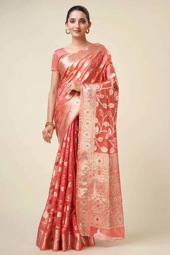 Coral Pink Organza Faux Kanjeevaram Woven Saree With Unstitched Blouse Piece