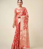 Coral Pink Organza Faux Kanjeevaram Woven Saree With Unstitched Blouse Piece