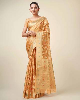 Peach Organza Faux Kanjeevaram Woven Saree With Unstitched Blouse Piece 1