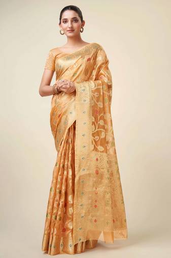 Peach Organza Faux Kanjeevaram Woven Saree With Unstitched Blouse Piece