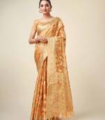Peach Organza Faux Kanjeevaram Woven Saree With Unstitched Blouse Piece