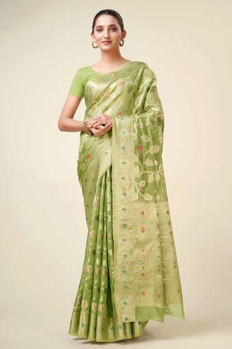 Green Organza Faux Kanjeevaram Woven Saree With Unstitched Blouse Piece