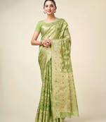 Green Organza Faux Kanjeevaram Woven Saree With Unstitched Blouse Piece