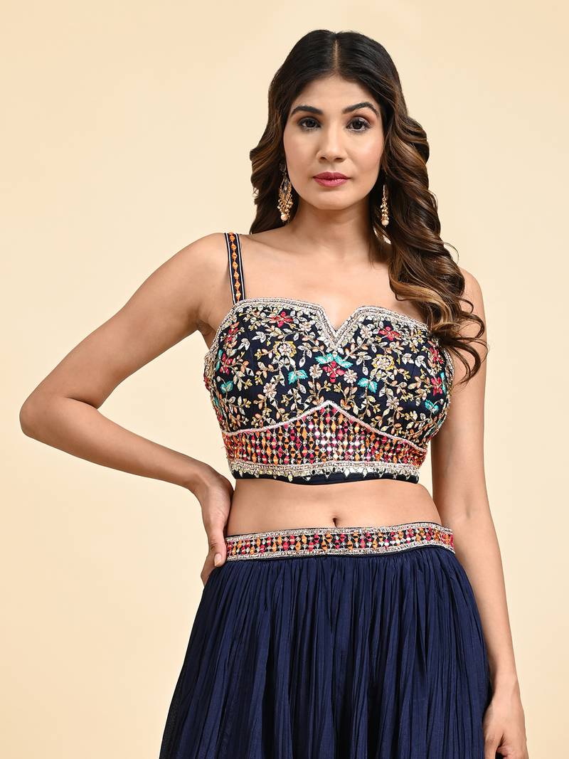 Navy Blue Embroidered Lehenga Set With Blouse And Dupatta