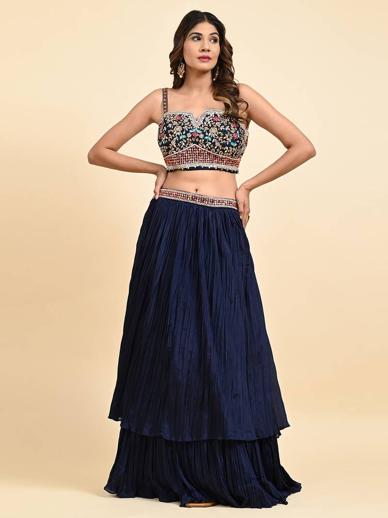 Navy Blue Embroidered Lehenga Set With Blouse And Dupatta