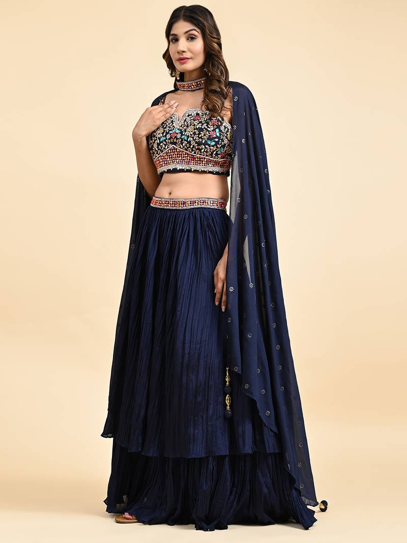 Navy Blue Embroidered Lehenga Set With Blouse And Dupatta