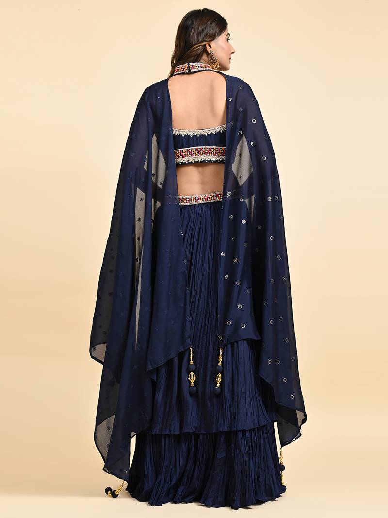 Navy Blue Embroidered Lehenga Set With Blouse And Dupatta