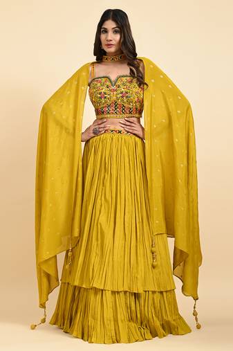 Mustard Embroidered Lehenga Set With Blouse And Dupatta
