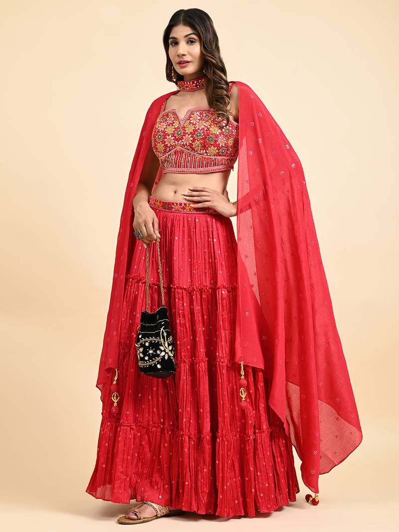 Rani Embroidered Lehenga Set With Blouse And Dupatta