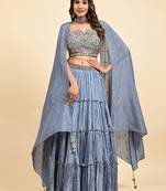 Grey Embroidered Lehenga Set With Blouse And Dupatta