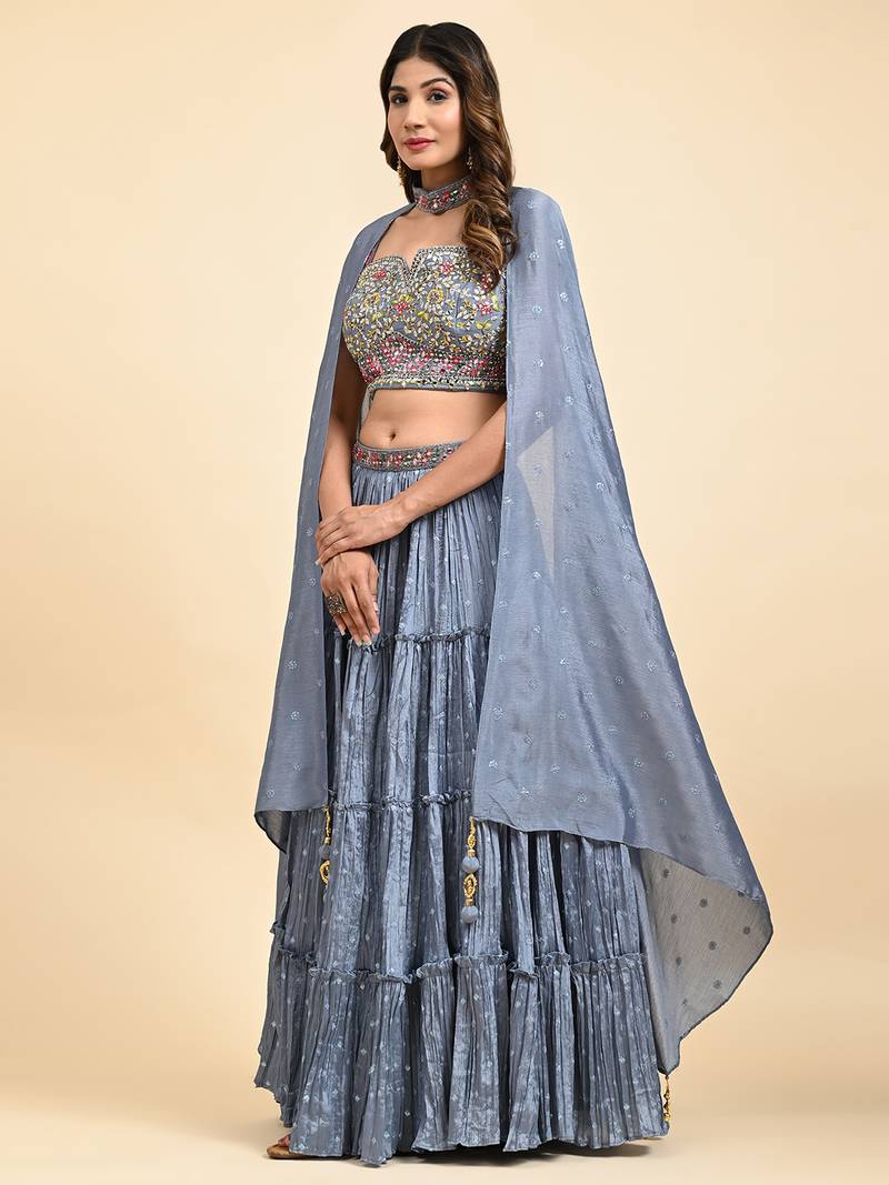 Grey Embroidered Lehenga Set With Blouse And Dupatta