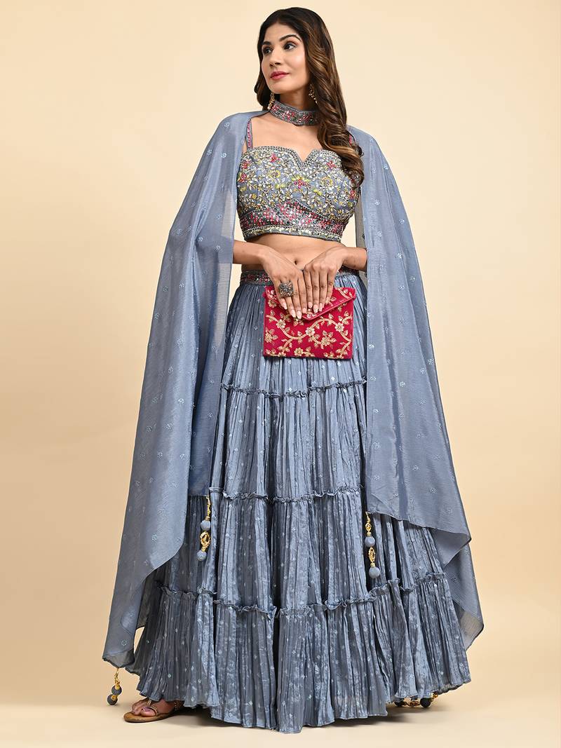 Grey Embroidered Lehenga Set With Blouse And Dupatta
