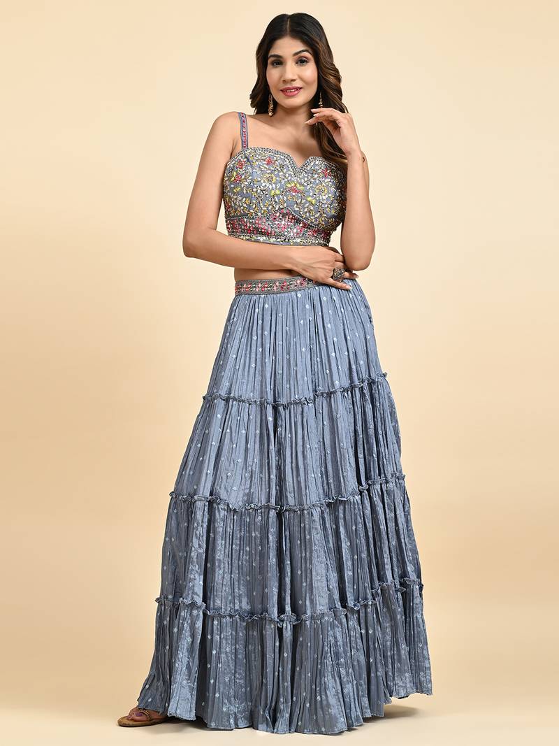 Grey Embroidered Lehenga Set With Blouse And Dupatta
