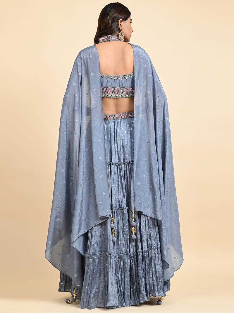 Grey Embroidered Lehenga Set With Blouse And Dupatta