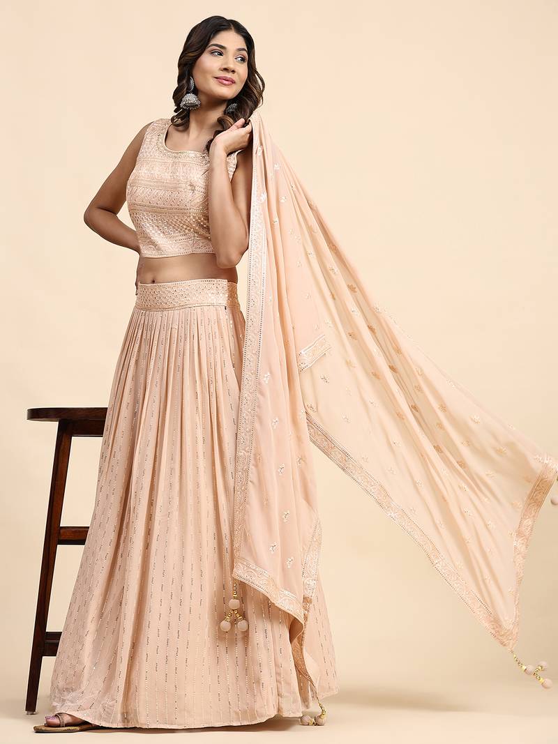 Peach Georgette Embroidered Wedding Lehenga Choli 