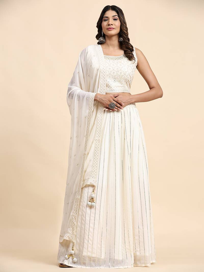 Ivory Embroidered Lehenga Set With Blouse And Dupatta