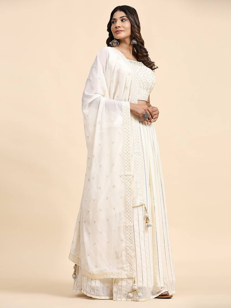Ivory Embroidered Lehenga Set With Blouse And Dupatta