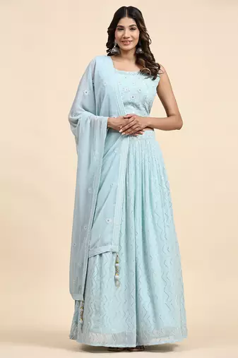 Sky Blue Embroidered Lehenga Set With Blouse And Dupatta