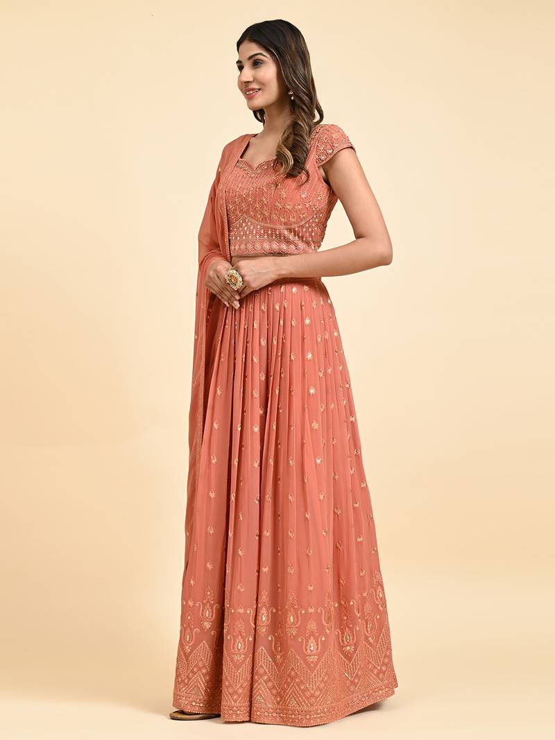Orange Embroidered Lehenga Set With Blouse And Dupatta