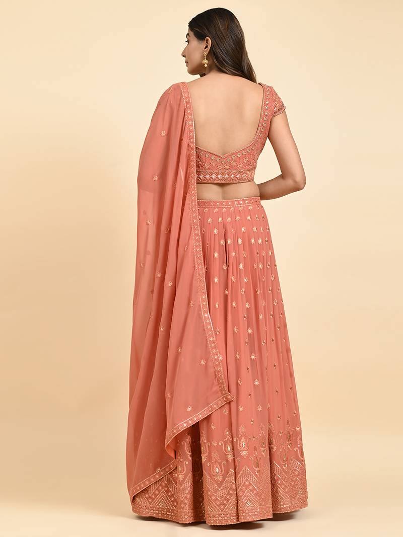Orange Embroidered Lehenga Set With Blouse And Dupatta
