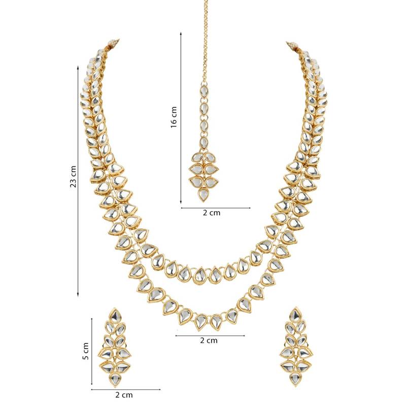 Gold Plated Traditional Kundan Necklace Jewellery Set with Earrings & Maang Tikka for Women 