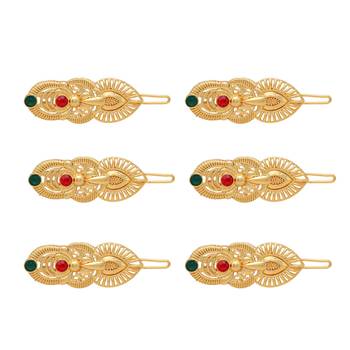 Maroon & green color 6 pieces gold plated hair pin 1
