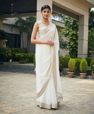 White ayra mirror work & chikankari saree set 1