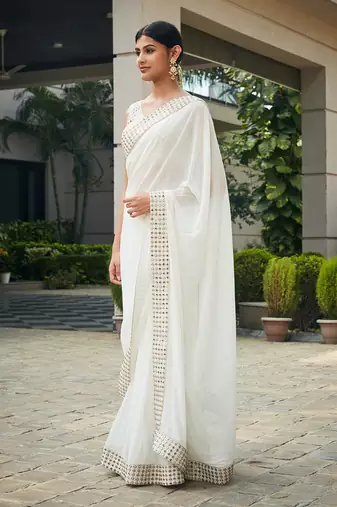 White ayra mirror work & chikankari saree set